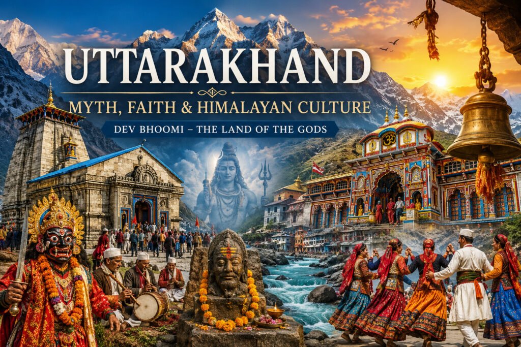 Illustration of Uttarakhand’s Himalayan temples, sacred culture, village traditions, mountains, and spiritual heritage