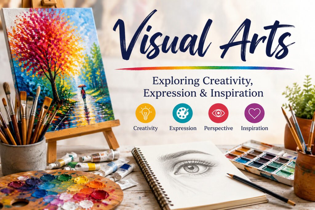 A collage representing various forms of visual arts including painting, sculpture, photography and digital art.