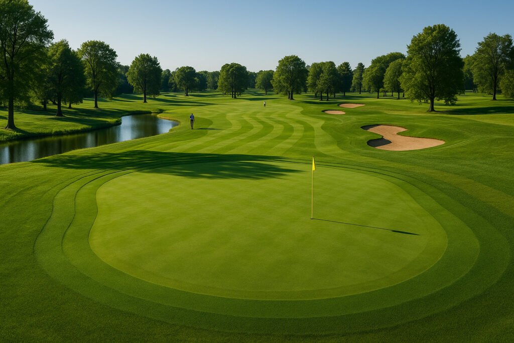 Well-maintained golf course greens and fairways showcasing different grass types