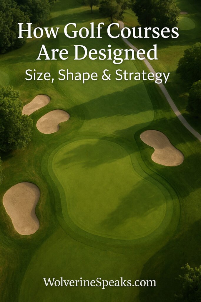 Aerial view of a golf course showing strategic design, fairway layout, bunkers, and green positioning