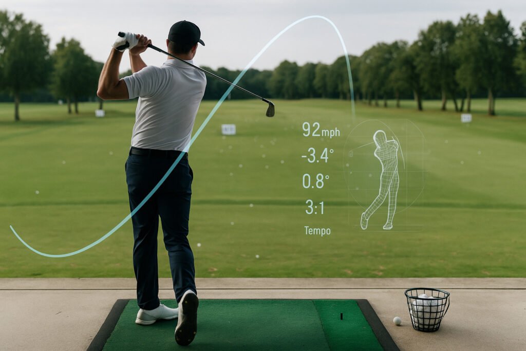 Golfer practising on a driving range using AI swing analyser technology