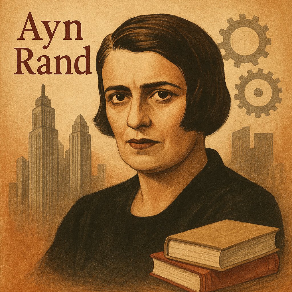 • Portrait-style illustration of Ayn Rand with books and philosophical elements in the background.