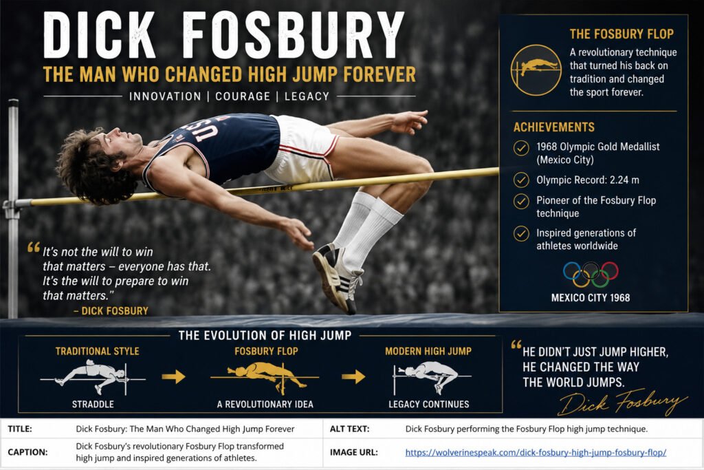 Dick Fosbury performing the revolutionary Fosbury Flop high jump technique.