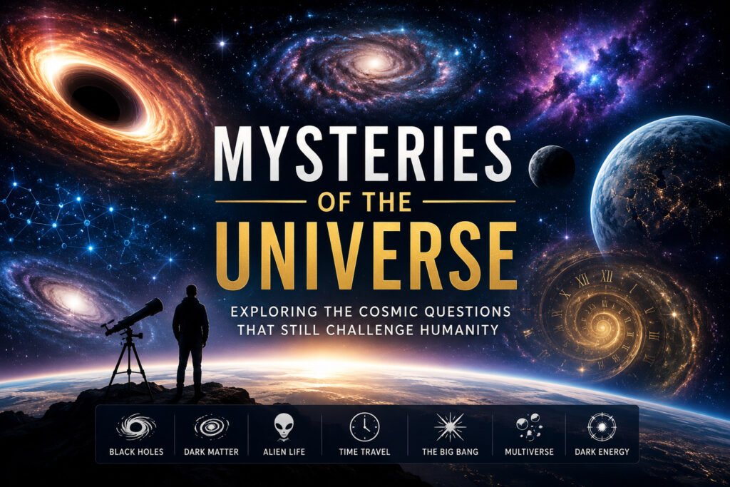 Illustration of black holes, galaxies, stars, and cosmic mysteries in deep space