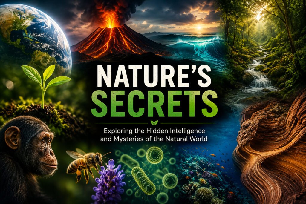Cinematic illustration featuring volcanoes, forests, oceans, microbes, wildlife, and Earth symbolizing the hidden mysteries and interconnected systems of nature