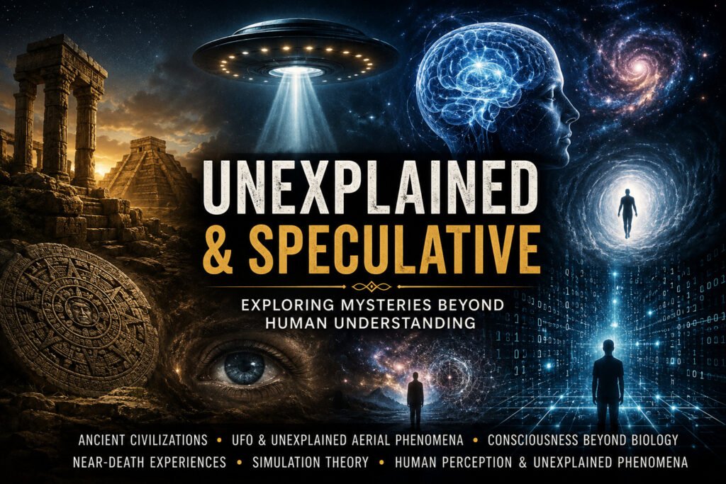 Illustration featuring ancient ruins, UFO lights, cosmic imagery, consciousness, and speculative mysteries