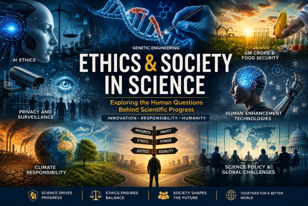 Illustration showing AI, DNA, climate systems, surveillance technology, and ethical challenges in modern science