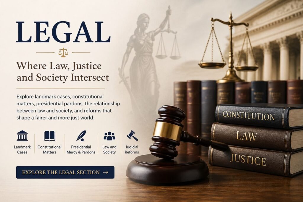 Legal concept showing scales of justice, law books and judicial symbols representing law, landmark cases, constitutional matters and judicial reforms.