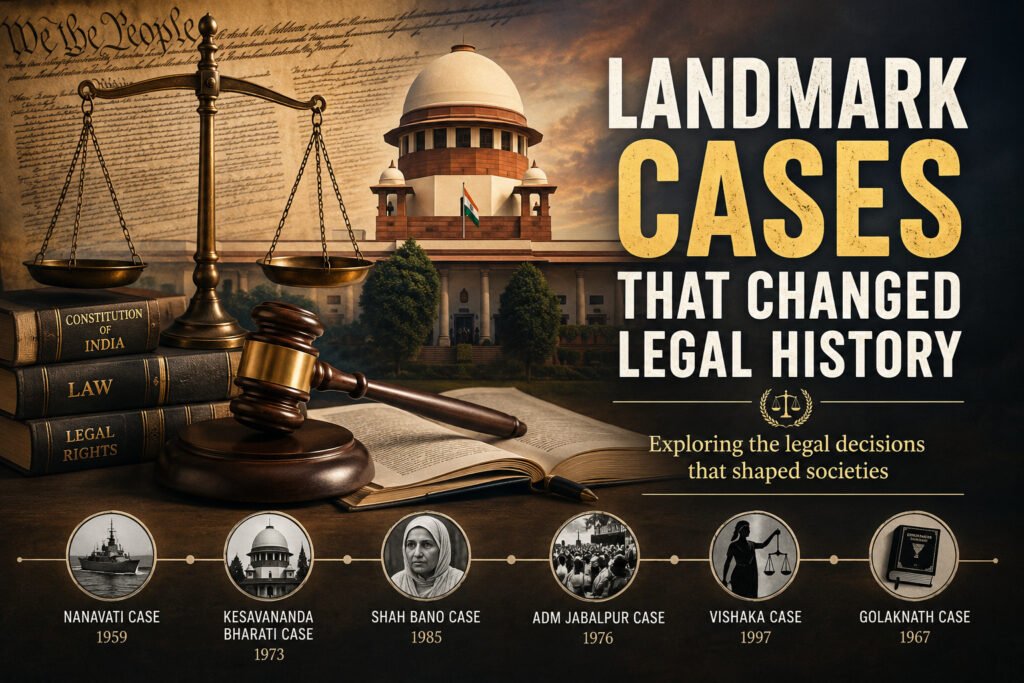 Landmark legal cases represented through scales of justice, law books and courtroom symbols illustrating the evolution of law and justice.