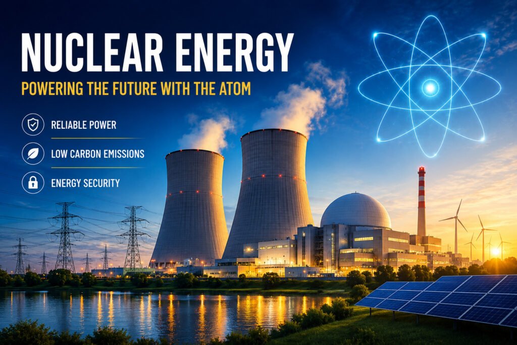 Modern nuclear power plant generating low-carbon electricity, illustrating the future of clean and reliable nuclear energy.