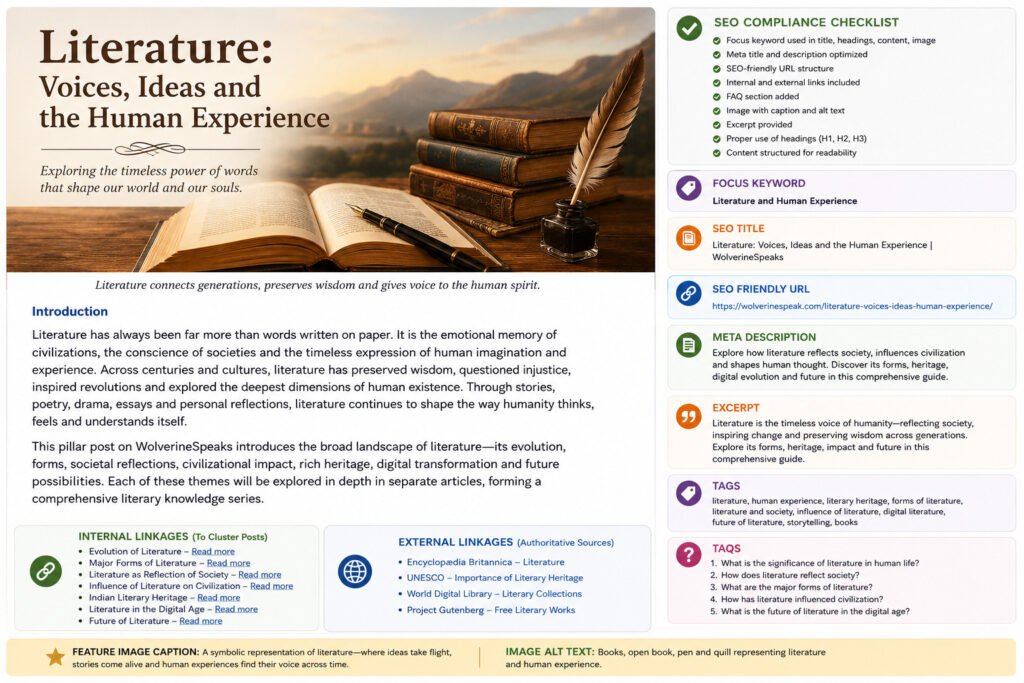 Open books, manuscripts and writing instruments representing literature, storytelling and the human experience across civilizations.