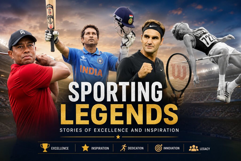 Collage of legendary athletes representing golf, cricket, tennis and athletics symbolising sporting excellence and inspiration.