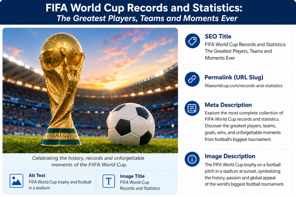 FIFA World Cup trophy and football in a packed stadium representing World Cup records, statistics, legendary players and historic football moments.