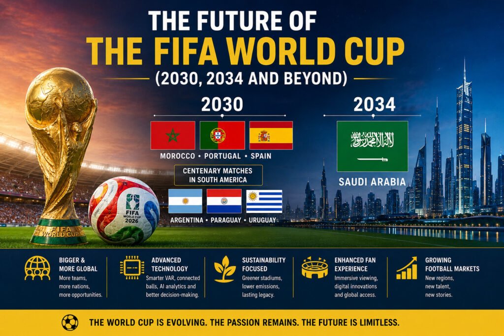 Future of the FIFA World Cup showing 2030 and 2034 host nations, trophy, football, technology, sustainability and global expansion.