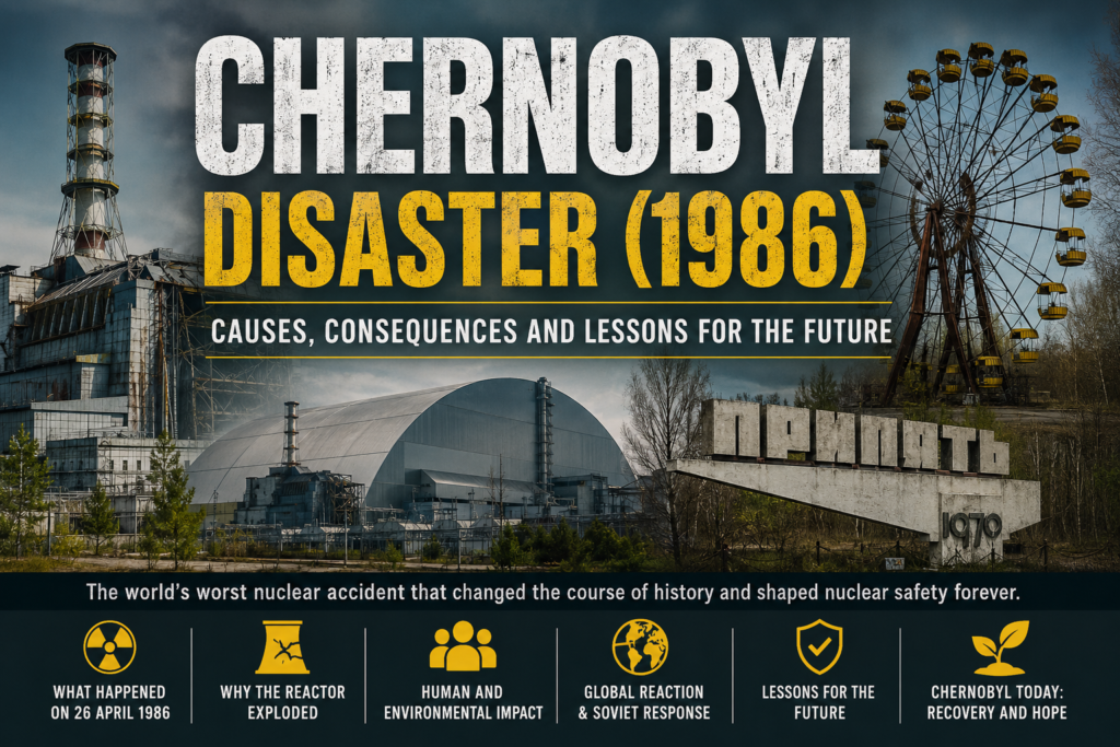 The Chernobyl Nuclear Power Plant, the New Safe Confinement structure, and the abandoned city of Pripyat, illustrating the world's most significant nuclear disaster and its lasting impact on nuclear safety.