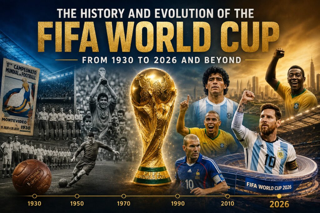 History and evolution of the FIFA World Cup from 1930 to 2026 showing football legends, trophy and tournament timeline