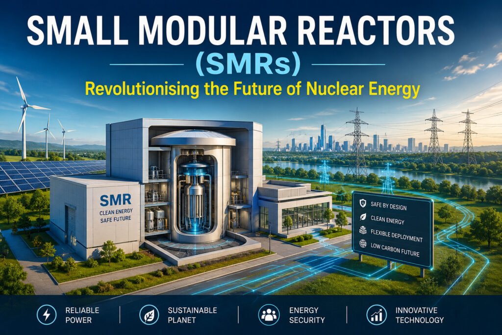 Artist's impression of Small Modular Reactors (SMRs) generating clean electricity, illustrating the future of advanced nuclear energy and low-carbon power generation.