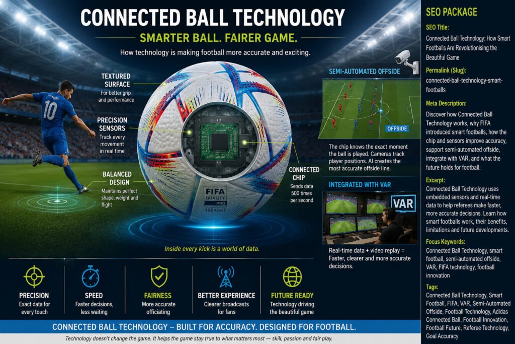 Illustration of Connected Ball Technology showing a smart football with an embedded sensor, integrated with VAR and semi-automated offside technology to improve refereeing accuracy in football.