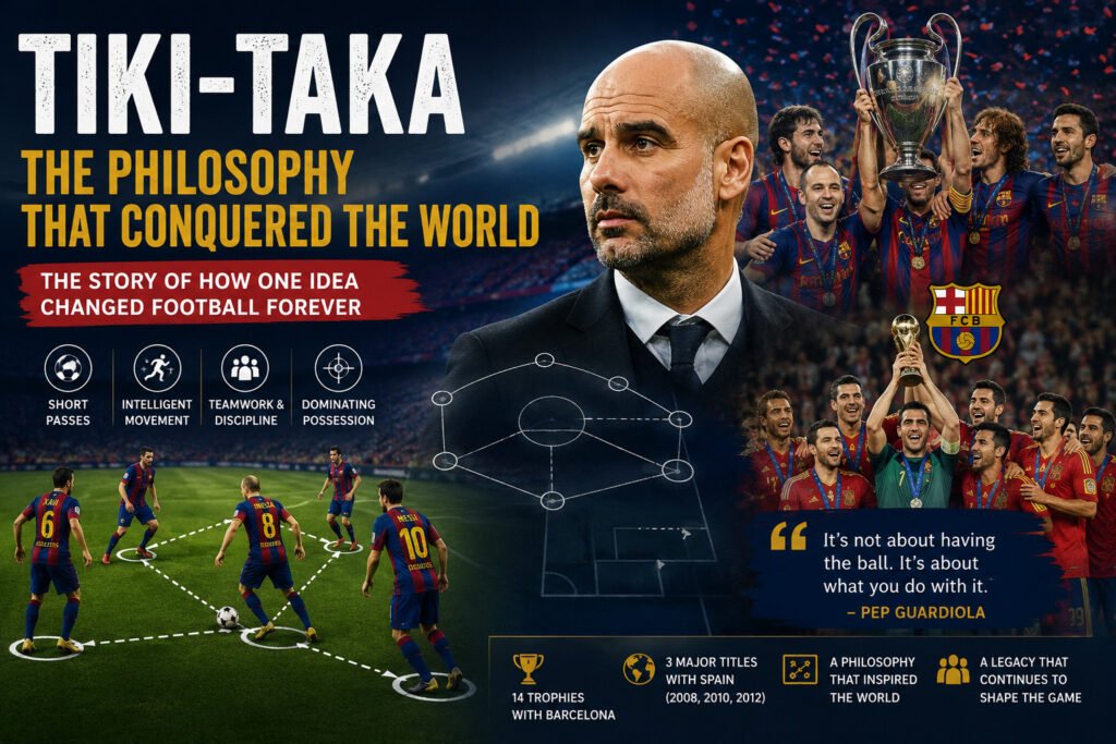 Pep Guardiola and Barcelona celebrating the success of Tiki-Taka, the possession-based football philosophy built on short passing, intelligent movement and teamwork that transformed modern football.