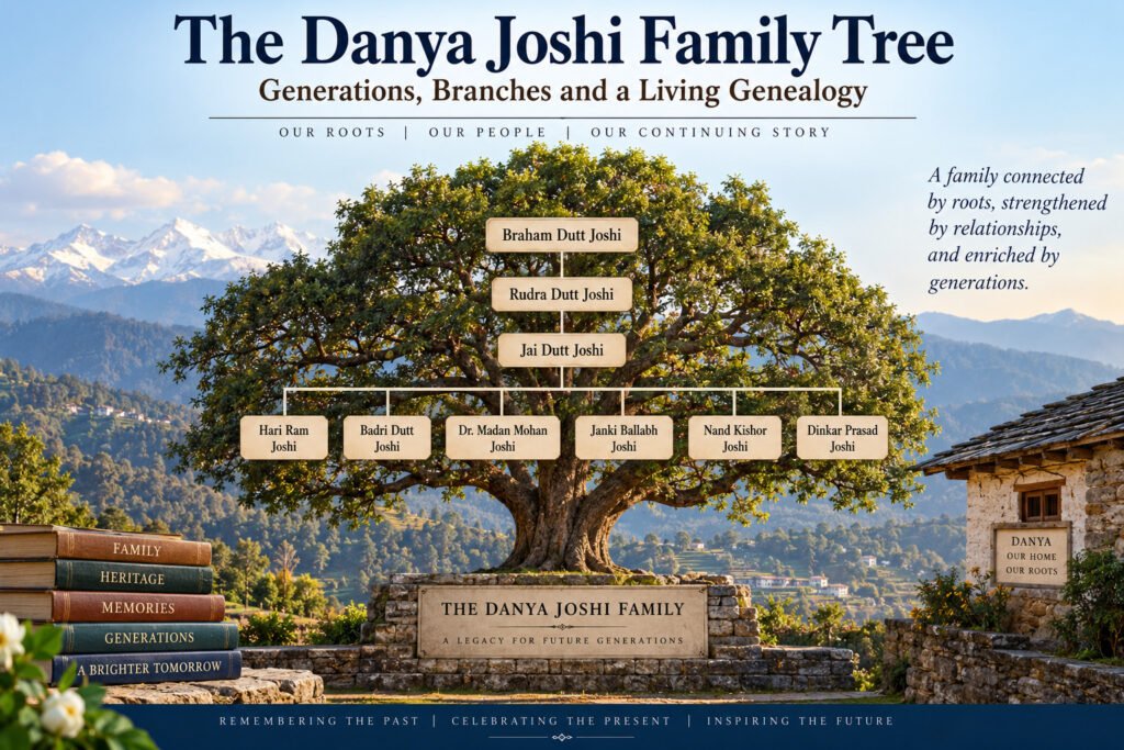 Feature image for the Danya Joshi Family Tree showing an ancestral tree in the Kumaon hills, symbolising generations, family branches and roots in Danya.