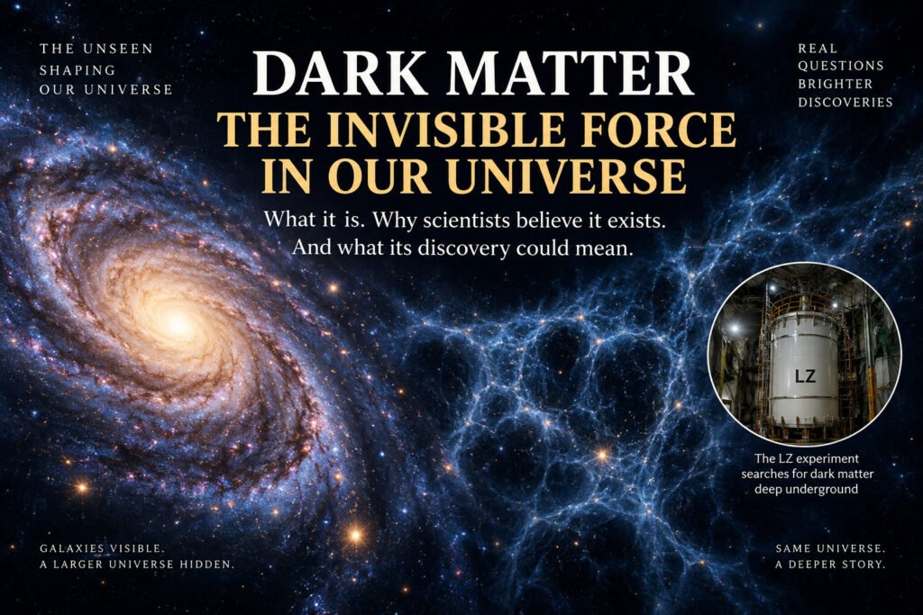 Illustration of a luminous galaxy and cosmic web representing dark matter, the invisible mass believed to shape galaxies and the universe.