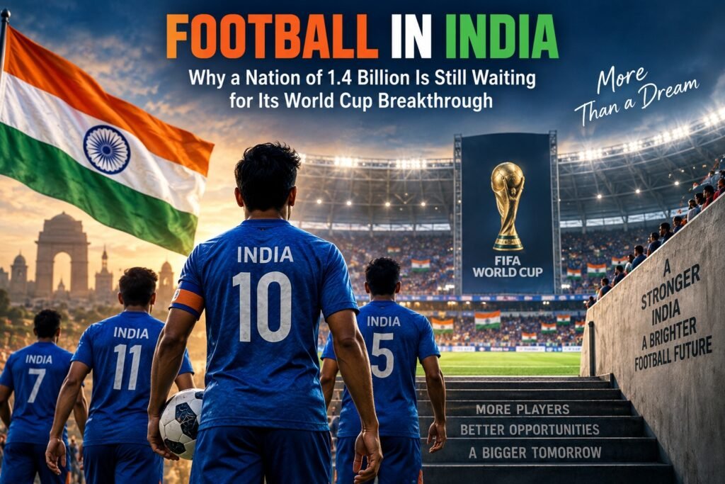 Indian football players in a stadium representing India’s long journey towards qualifying for the FIFA World Cup.