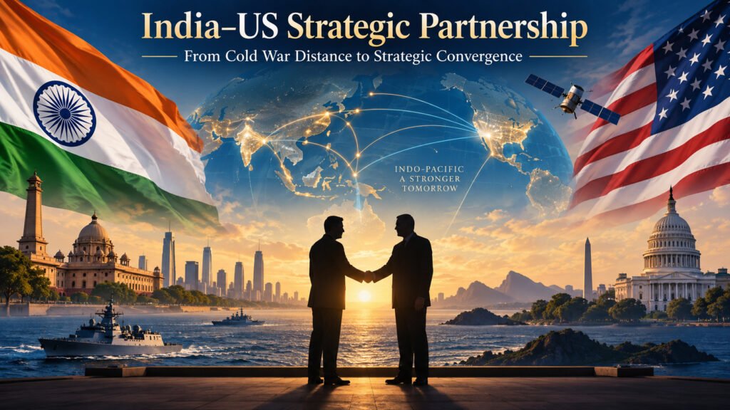 India and United States flags with a handshake, Indo-Pacific map, naval and space imagery representing the India–US strategic partnership.