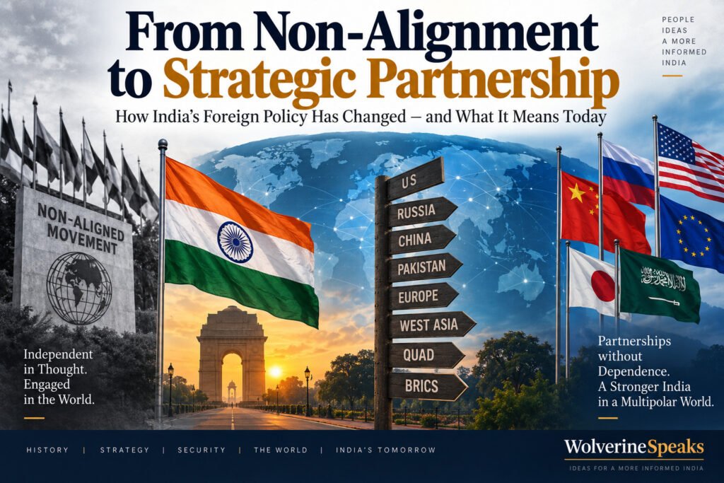 Illustration of India balancing relationships with the United States, Russia, China, BRICS and the Quad, representing the shift from non-alignment to strategic autonomy.